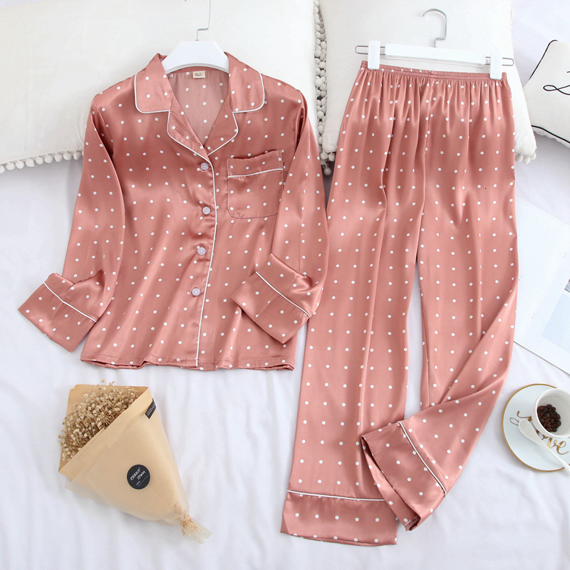 Lisacmvpnel Dài Tay Bộ Đồ Ngủ Thu Băng Lụa Tay Dài Quần Dài Phù Hợp Với In Hình Pyjamas Bộ