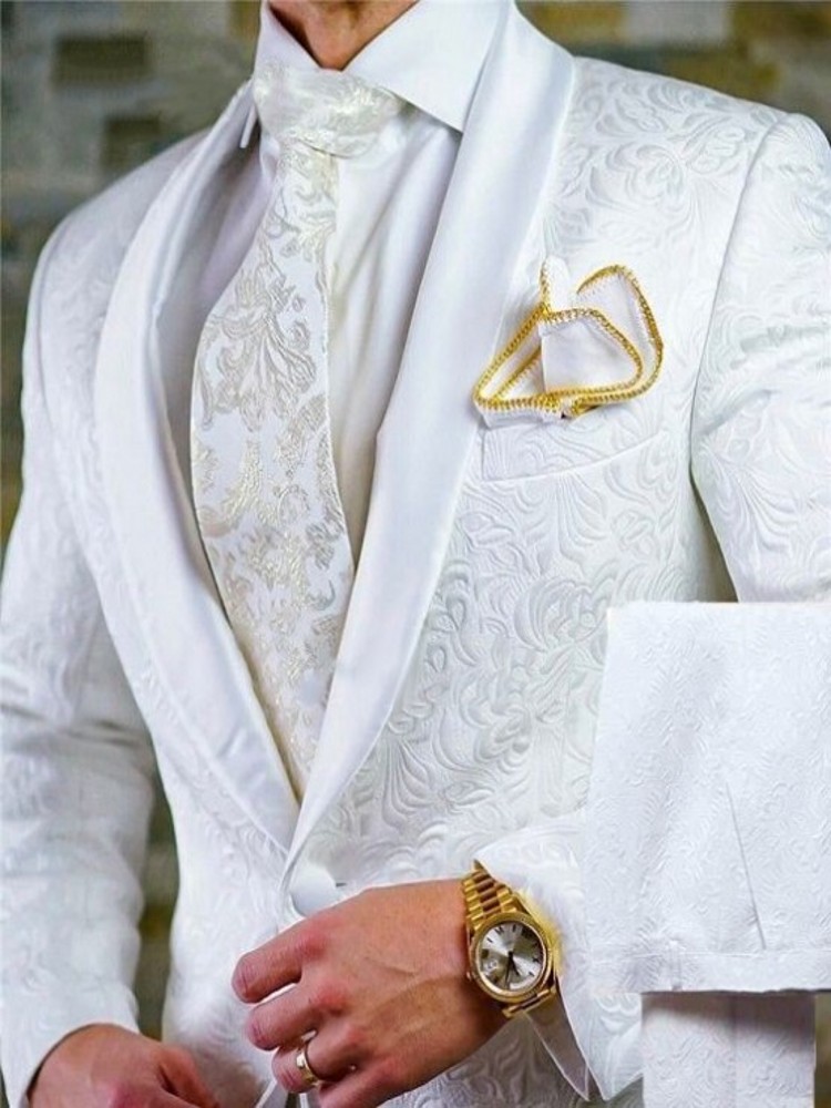 Groomsmen smoking da sposo con motivo bianco scialle bavero in raso abiti da uomo 2 pezzi sposo da sposa (giacca + pantaloni + cravatta) D201