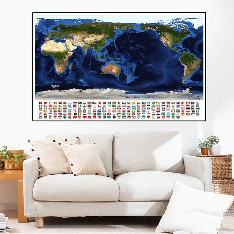Mapa de satélite mundial com bandeiras do país, pintura em lona não tecida, arte mural, pôster, sala de estar, decoração de casa, 150x100 cm