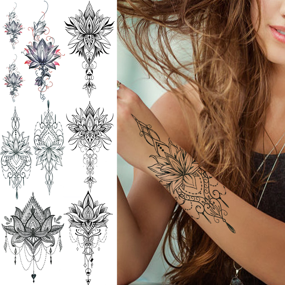 Henna Lotus tymczasowy tatuaż dla kobiet fałszywe łańcuszki z biżuterią czarny kwiat tatuaże do ciała abstrakcyjne tatuaże naklejki Transfer dziewczyna tatuaż