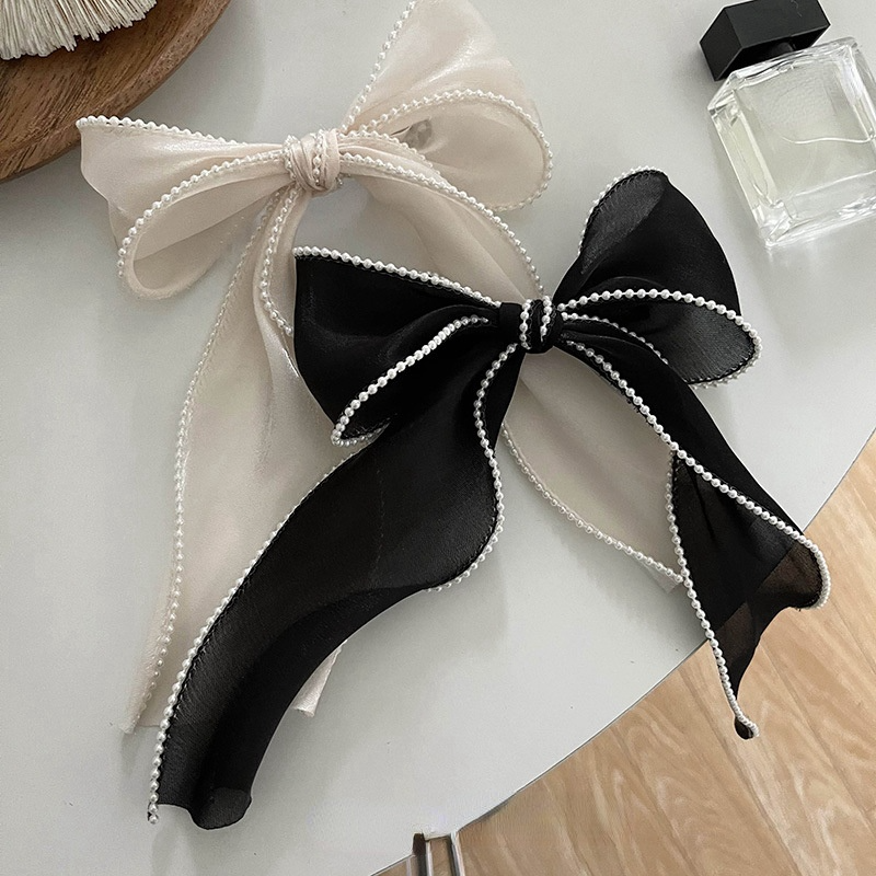 Pita Pita Streamer Mutiara Elegan Jepit Rambut Ponytail Wanita Jepit Rambut Klip Duckbill Mutiara Sifon Ikatan Simpul Rambut Grip Barrettes Hiasan Kepala