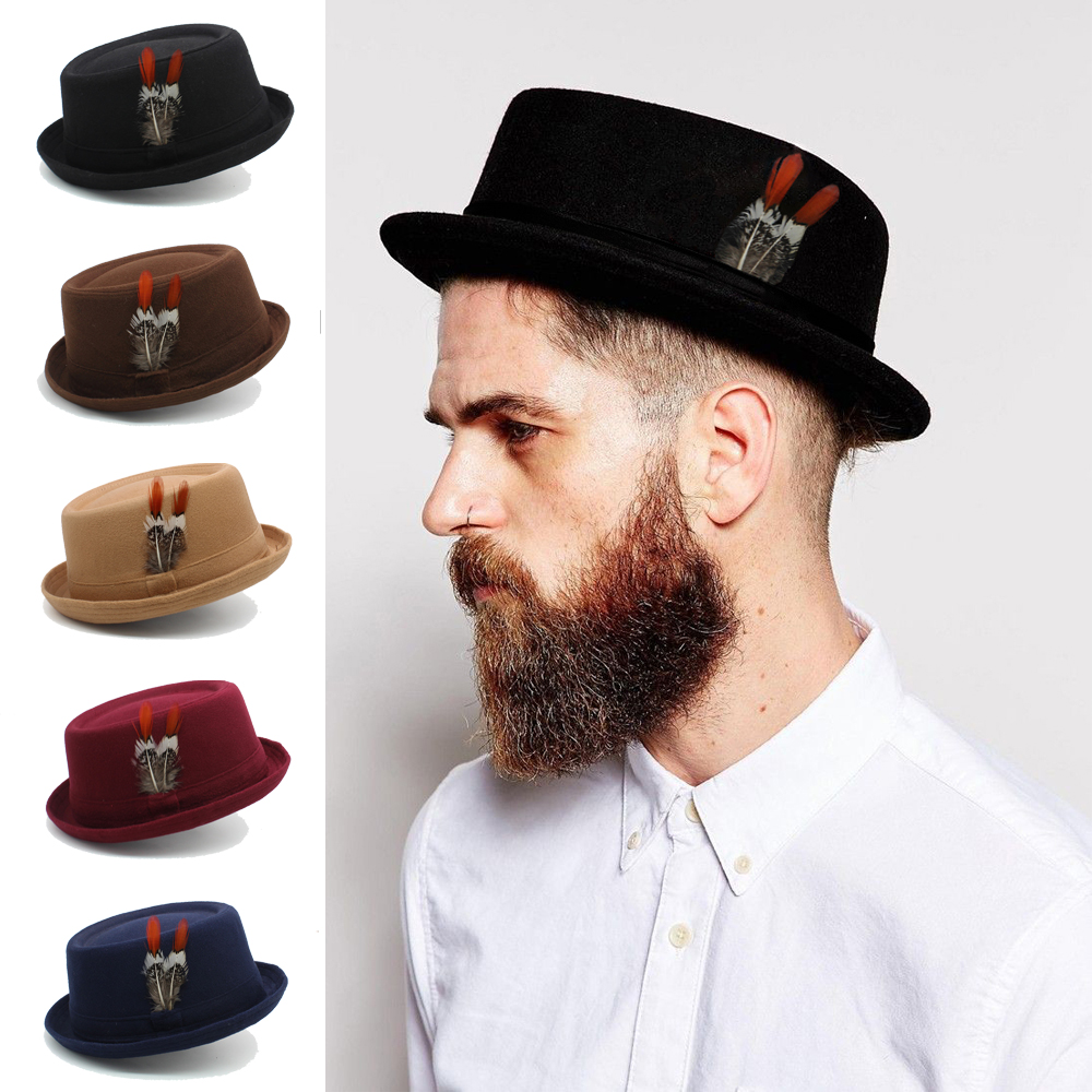 Männer Frauen Wolle Pork Pie Hut Retro Feder Band Fedora Kappe Trilby Sonnenhut Klassische Jazz Party Outdoor Reise Street Style