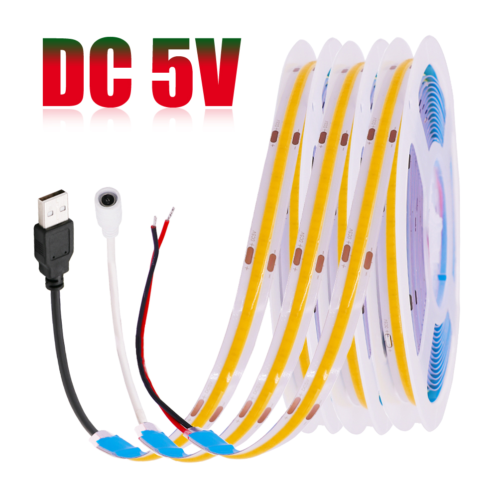 Tira de luces LED COB de 5V CC, iluminación lineal de alta densidad USB, cinta Flexible de 320LED, Blanco cálido Natural, rojo, azul, verde, decoración