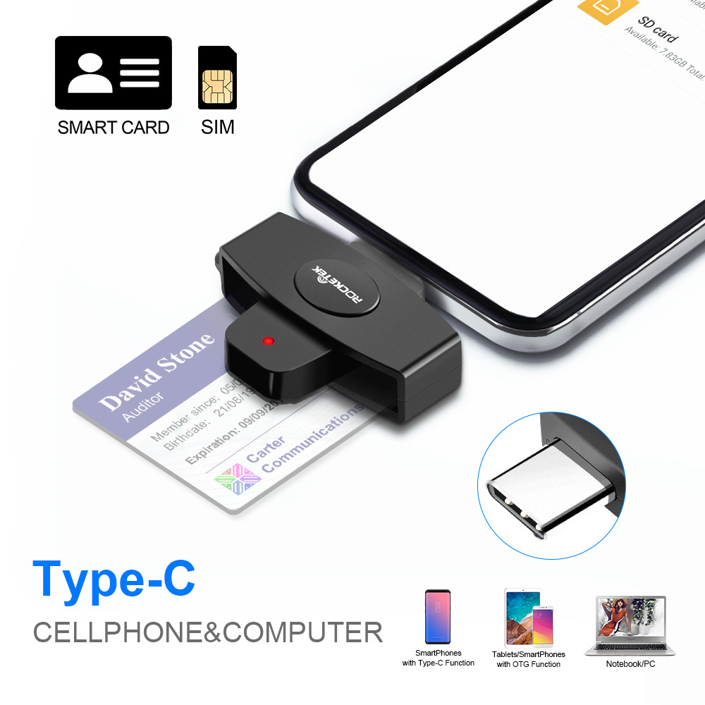 Rocketek CSCR3 Smart CAC-kaartlezer Type-C Bank Belastingaangifte SIM-kaart/IC-kaart ID-kaartlezer