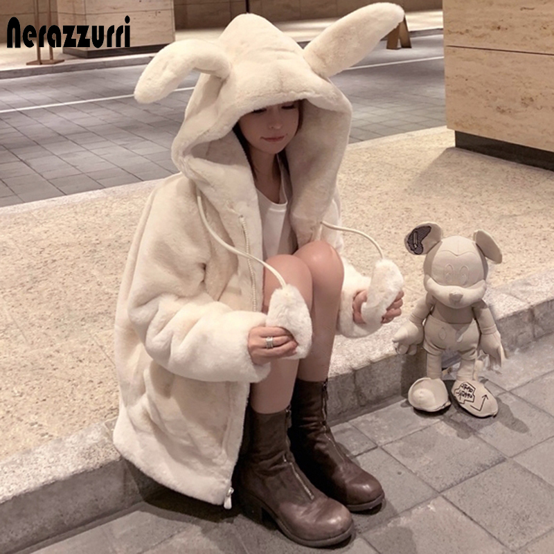 Nerazzurri printemps veste moelleuse avec oreilles de lapin manches raglan fermeture éclair surdimensionné léger doux harajuku kawaii fausse fourrure à capuche 2021