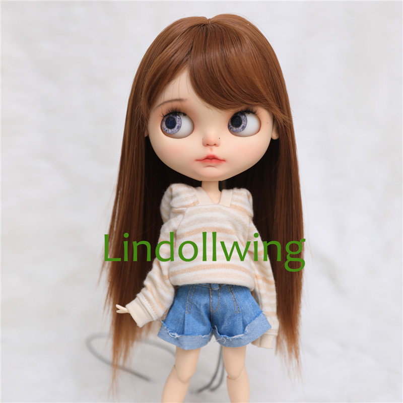 9-10 polegada blyth peruca longo cabelo liso marrom