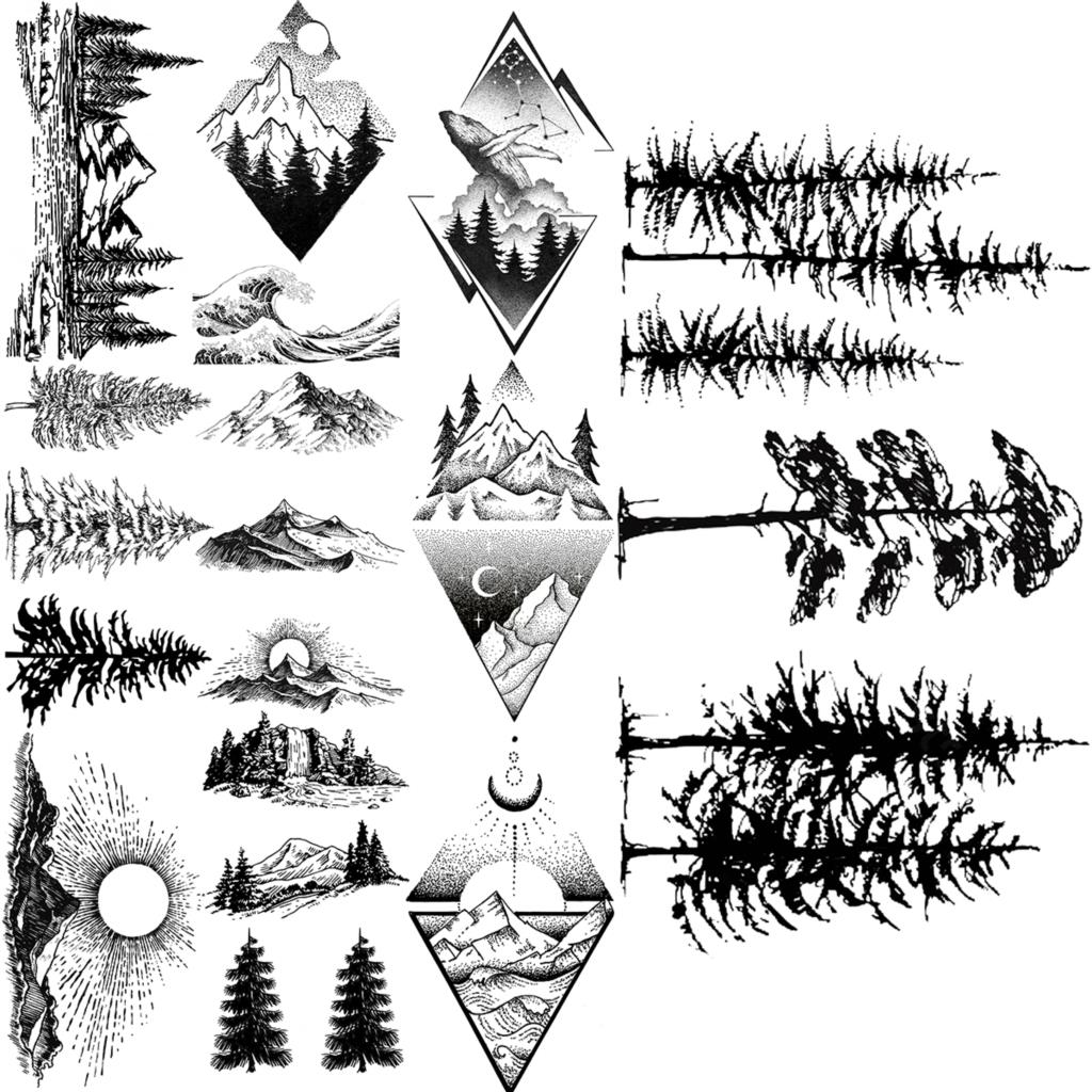 Kleine Wald Kiefer Temporäre Tattoos Für Frauen Männer Realistische Wal Berg Meer Welle Gefälschte Tattoo Aufkleber Arm Körper Tatoos