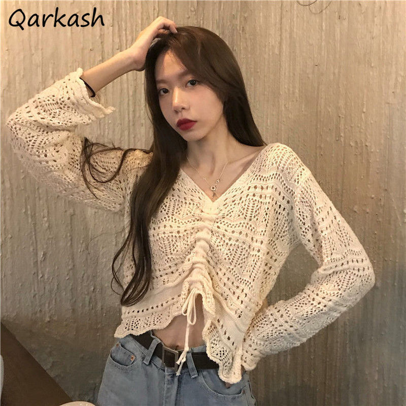 Trui Vrouwen Uitgehold Koreaanse Eenvoudige Mode Casual Lente Vrouwelijke Chic Student Tender Slanke Zachte Streetwear Gewassen Truien