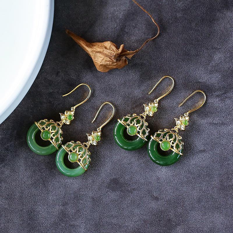 Naturalne kolczyki z jaspisu Hetian Jade Chiński projektant w stylu retro, rzemiosło, oryginalny urok, srebrna biżuteria damska