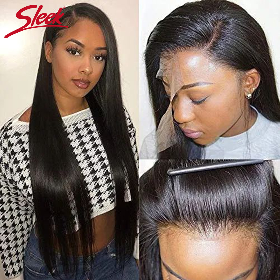 Elegante brasileiro em linha reta 13x4 hd laço frontal perucas de cabelo humano 220% densidade pré-arrancado linha de cabelo remy com cabelo do bebê para preto