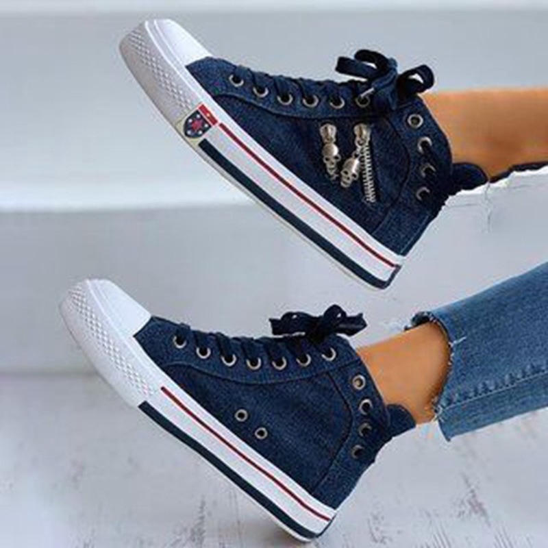Vulcanize Sapatos Mulheres Canvas Chic High Top Denim Lazer Calçado Das Mulheres All-jogo Plano Zipper Walkin Senhoras Coreanas Respirável
