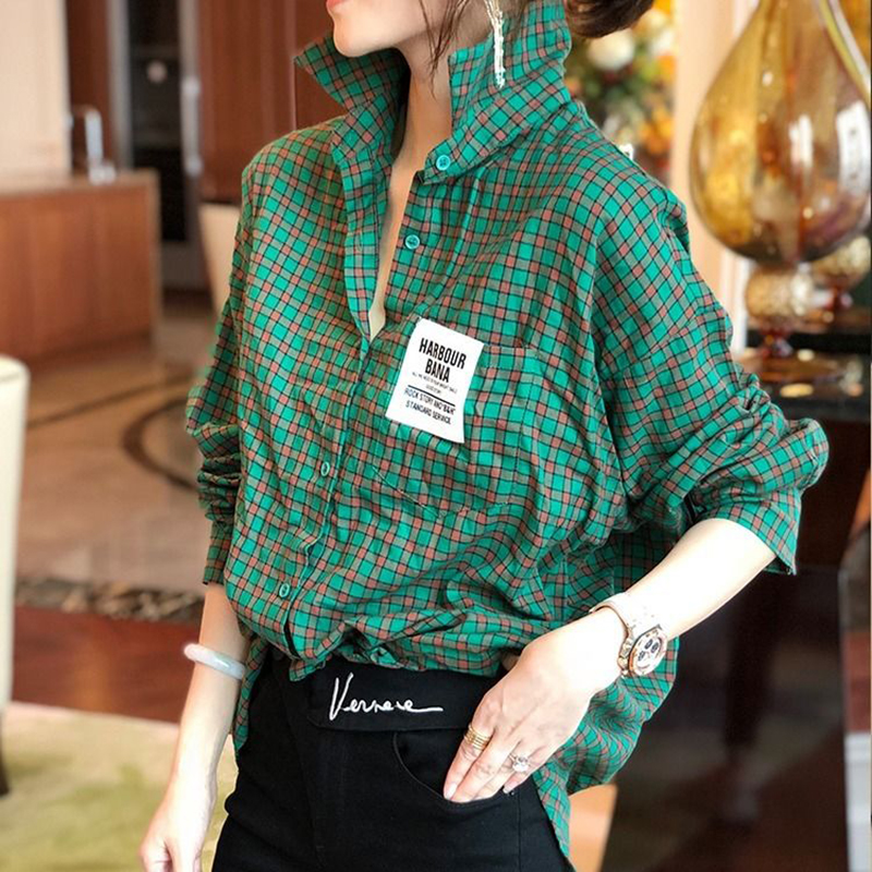 女性用長袖チェックシャツ,韓国のファッショナブルな春秋,折り襟,緑色のルーズフィットカジュアルブラウスs696,2020