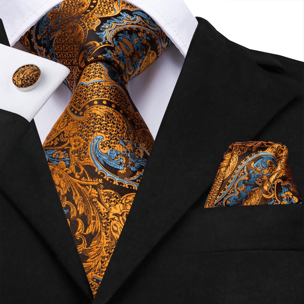 Hi-tie 100% seda luxo masculino gravatas floral preto ouro laços paisley necktie bolso quadrado abotoaduras conjunto masculino festa de casamento gravata