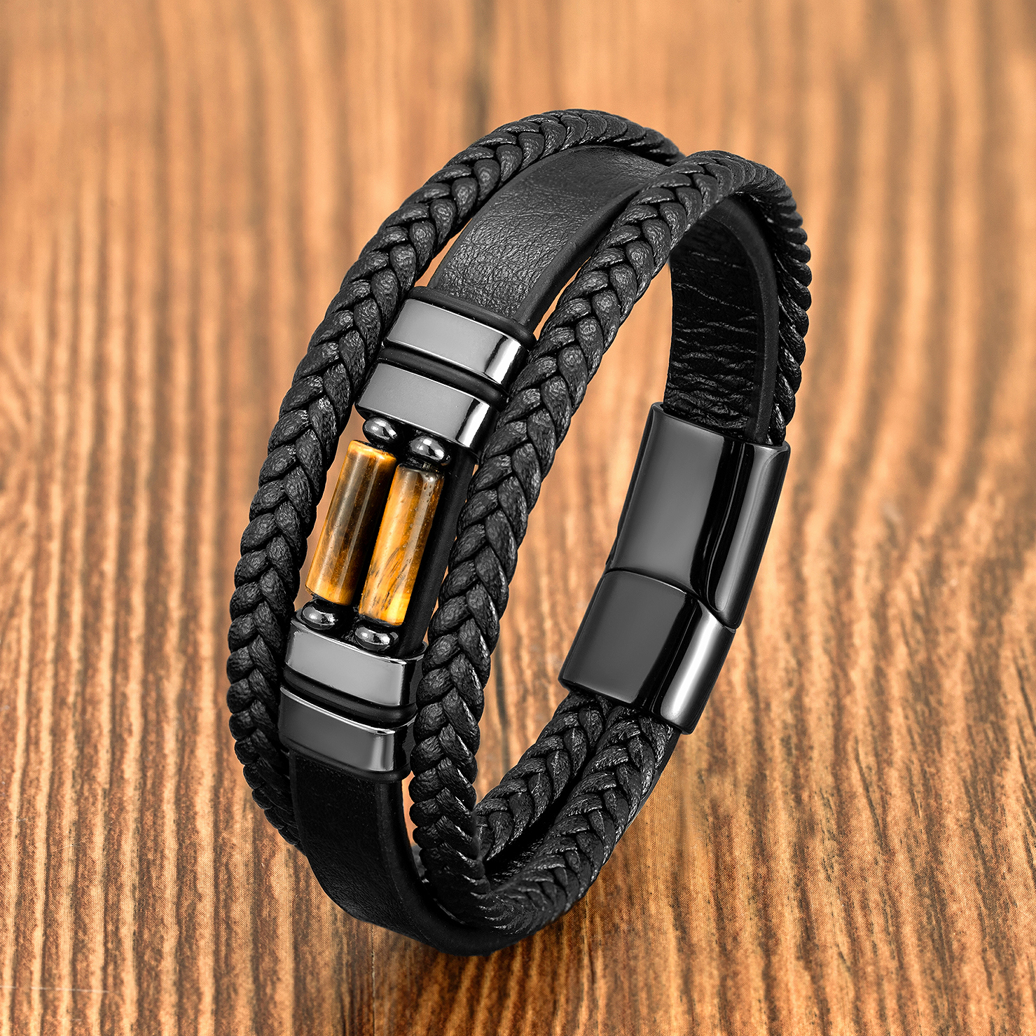Bracciale da uomo in pelle multistrato vintage Bracciale con perline di pietra Chakra della Boemia Gioielli in acciaio inossidabile Regalo da polso maschile
