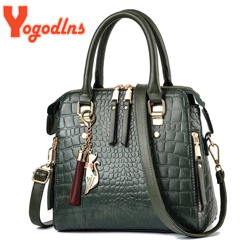 Yogodlns, bolso de lujo con patrón de cocodrilo para mujer, nuevo bolso de hombro con borlas de cuero PU para invierno, bolso con asa de diseño de marcas, bolso para mujer