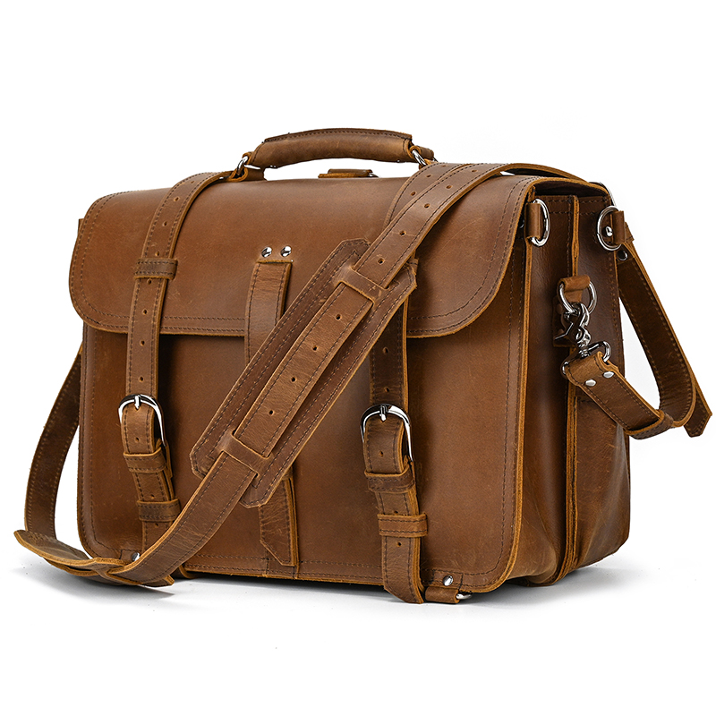 Vintage Leder Aktentasche 100% Echtem Leder Business Schulter Tasche Mit Abdeckung 15,6 Inch Computer Tasche Feste Rindsleder
