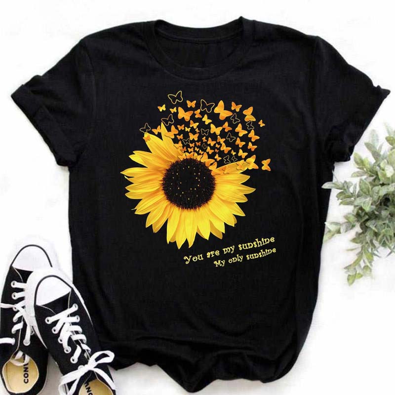Maycaur camiseta feminina casual kawaii girassol borboleta padrão impressão camiseta confortável casual roupas femininas preto topo