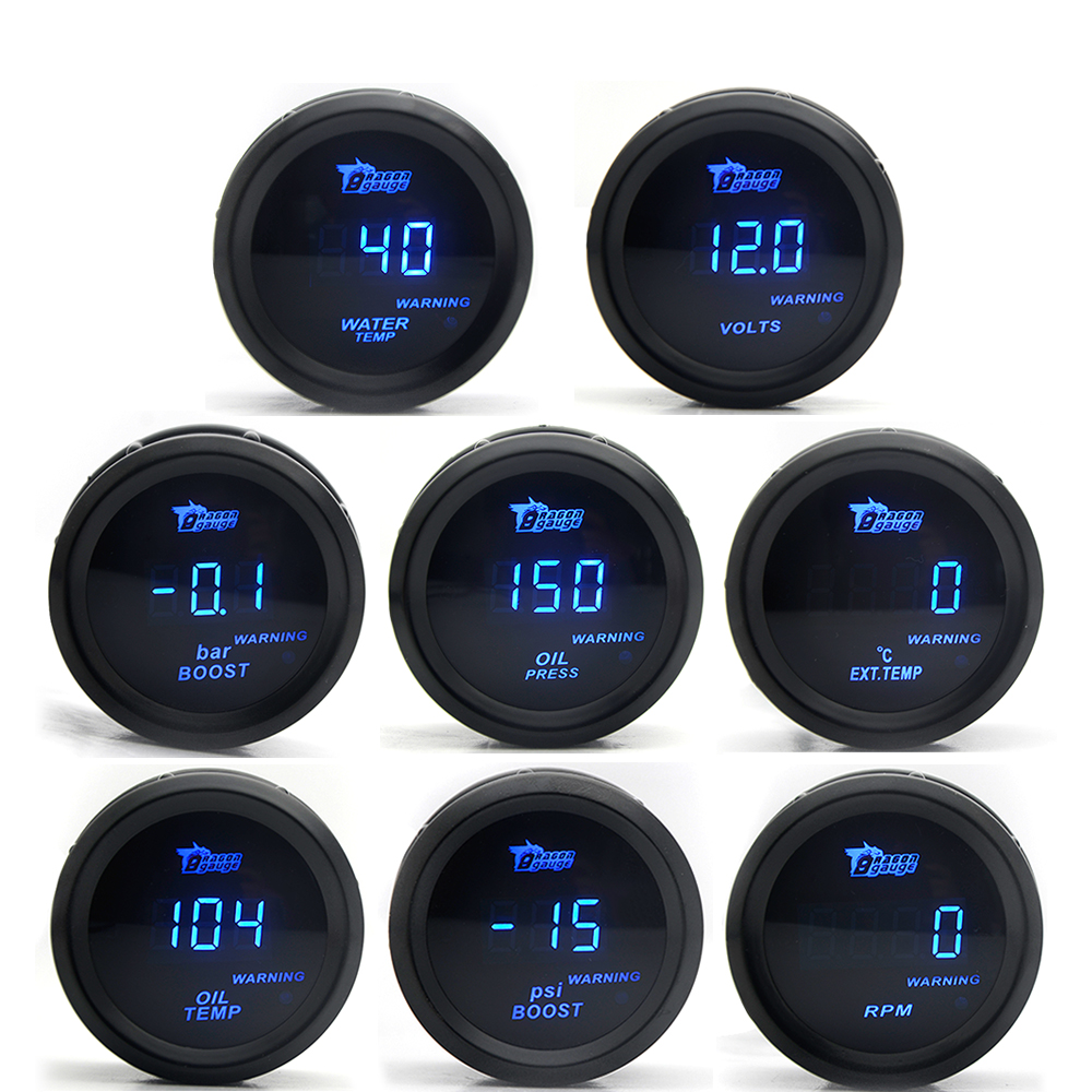 2' 52mm Car Digital Turbo Boost Gauge PSI BAR Water Temp Oil Temp Oil Pressure Gauge Voltmeter EGT Tachometer RPM Gauge