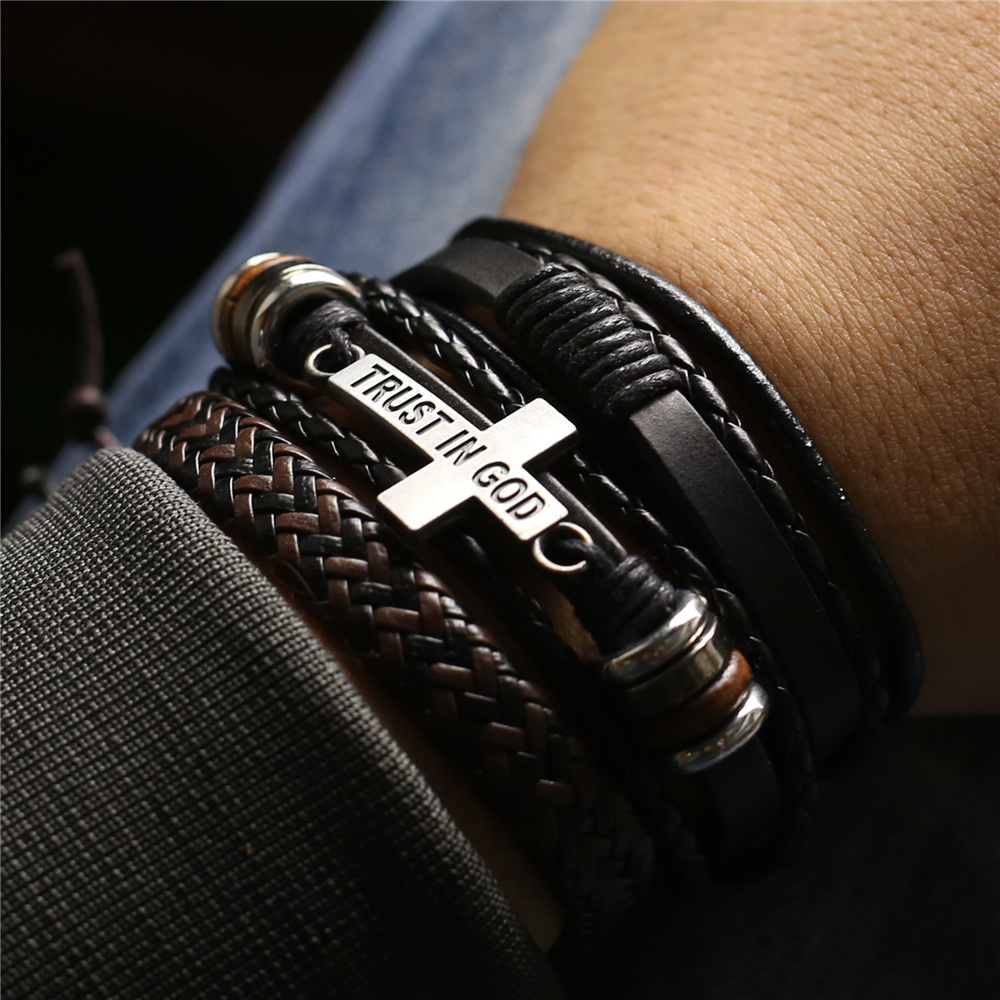 3 stks/set Lederen Armbanden Mannen Armbanden Voor Vrouwen Houten Kralen Veer VERTROUWEN IN GOD Cross Charm Homme Gift Sieraden Gratis Verzending