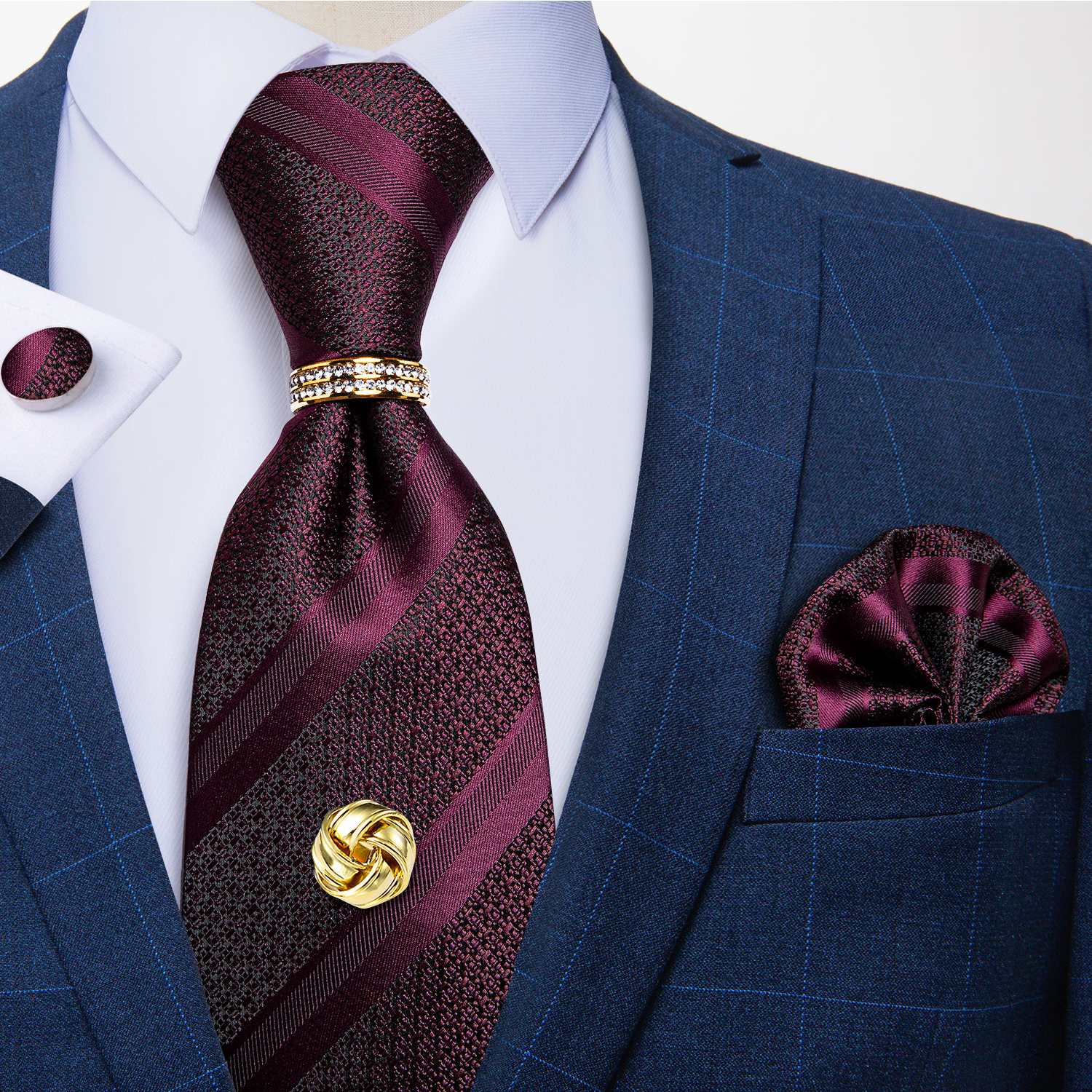 Gravata masculina 8cm 100% seda borgonha vermelho listrado gravata bolso quadrado abotoaduras conjunto de negócios casamento formal gravata para homem dibangu