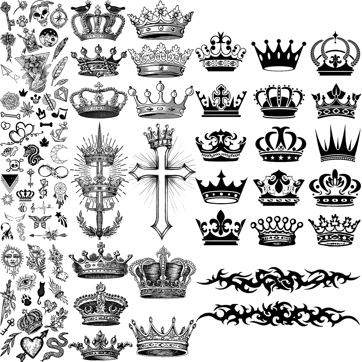 Czarna Korona Tymczasowe Tatuaże Dla Kobiet Dorośli Realistyczny Ptak Krzyż Miecz Serce Fałszywy Diamentowy Tatuaż Naklejka Ciało Ręka Tatoos 3D