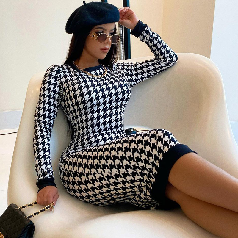 Houndstooth impressão feminina manga longa midi vestido oco bodycon sexy streetwear 2022 outono inverno clube elegante magro
