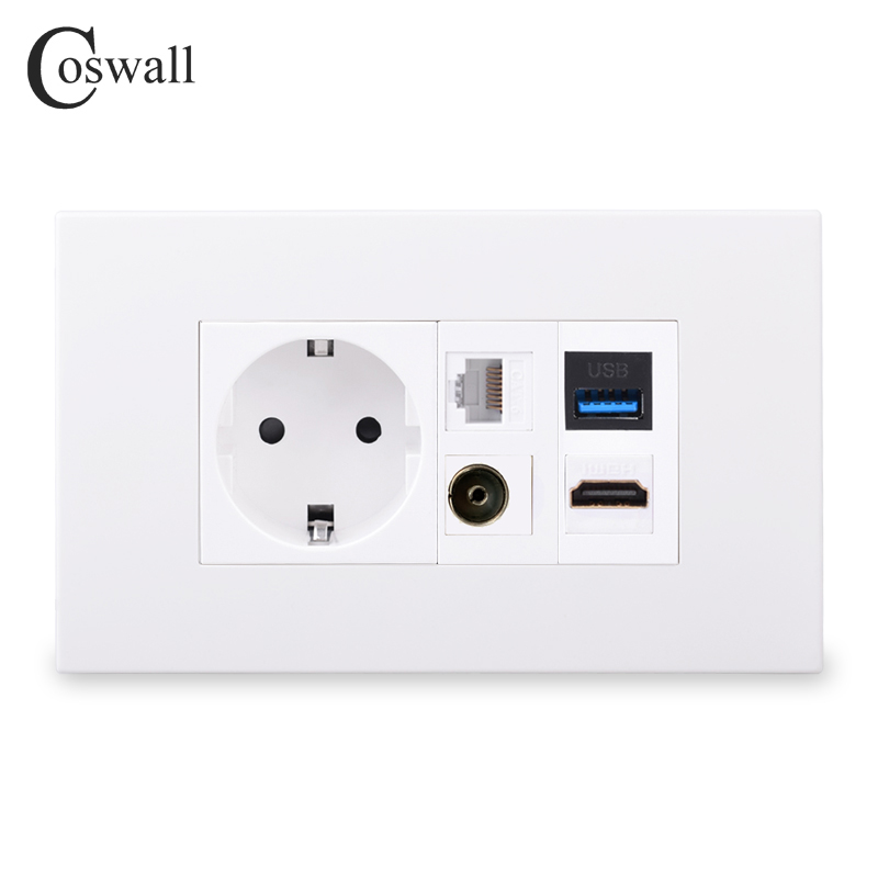 Coswall PC Panel ue ścienne gniazdo zasilające + TV i CAT6 gniazdo internetowe RJ45 + żeński do żeńskiego złącze HDMI 2.0 i USB 3.0