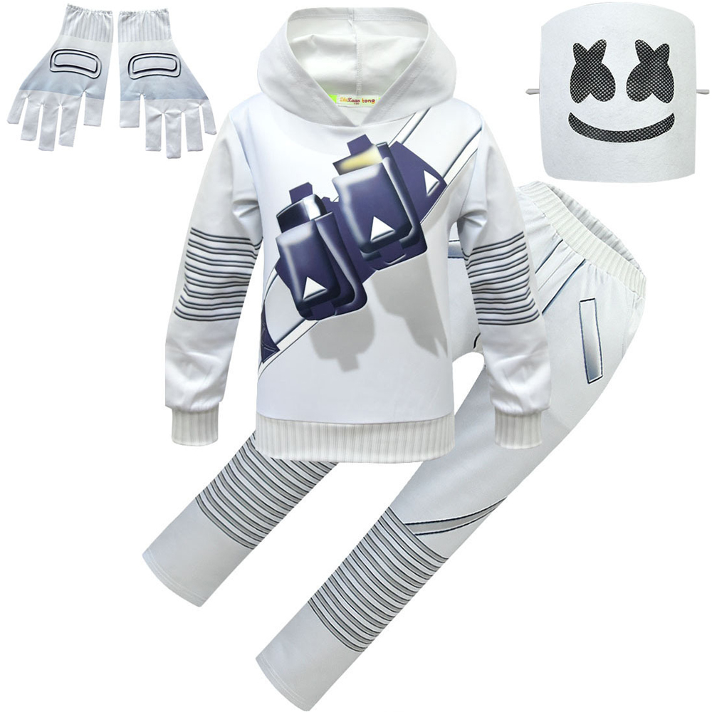 Halloween anak-anak populer DJ musik Marshmelloing Cosplay kostum Karnaval dengan masker anak laki-laki perempuan hoodie + celana + sarung tangan pakaian pesta