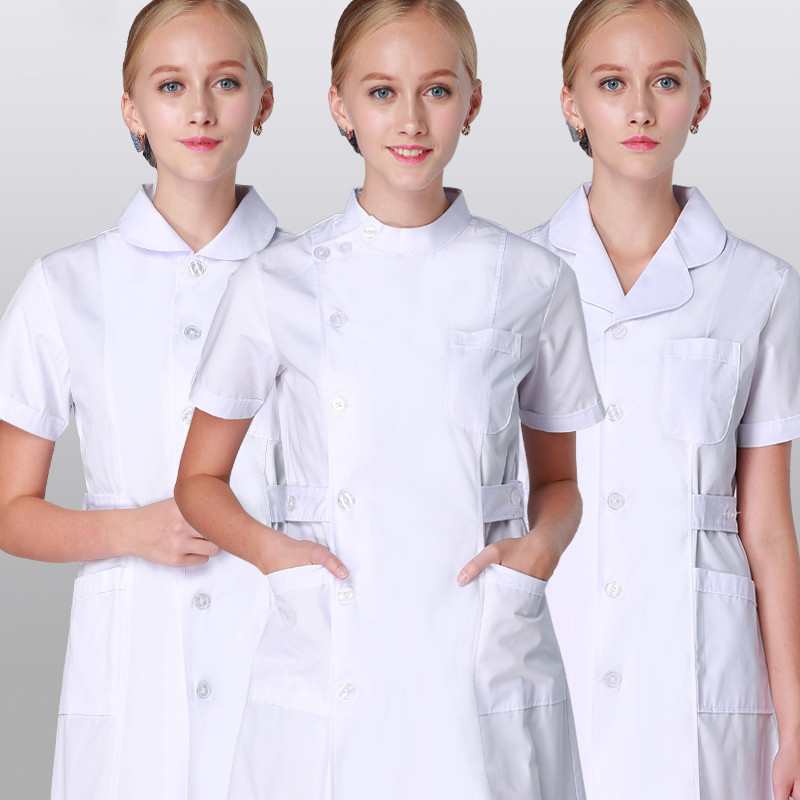 Peeling Uniformen Kleid Robe Weiß Frauen Pflege Scrubs Jacke Volle Länge Poly Baumwolle SPA Kosmetikerin Veterinär Arbeit Tragen Einheitliche