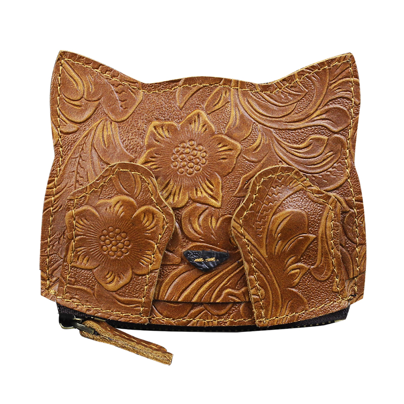 Bolsa de moedas de couro genuíno artesanal, Bolso pequeno do entalhe do mini cartão, Saco de dinheiro, Organizador portátil bonito do gato