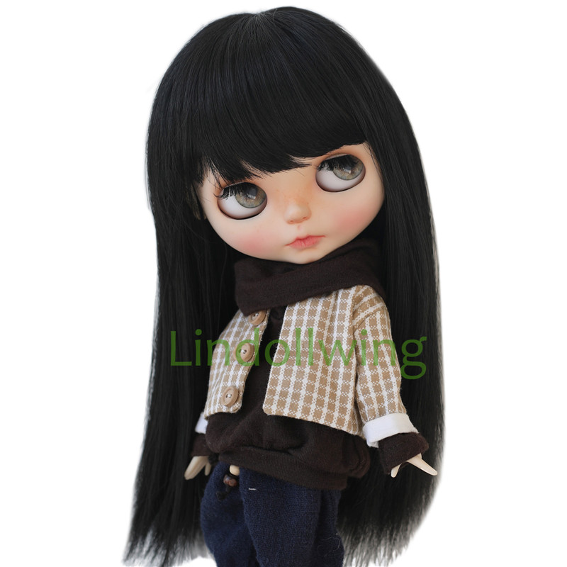 Peruca Blyth de 9-10 polegadas, cabelo preto longo e reto