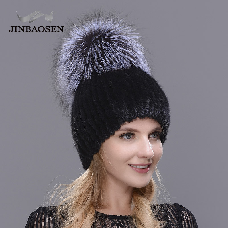 JERYAFUR Dubbele Warme Echte Natuurlijke Nertsen Bontmuts Vrouwen Mix Kleur Zilver Vossenbont Vrouwelijke Muts Dubbele Pompoms Luxe Hoed