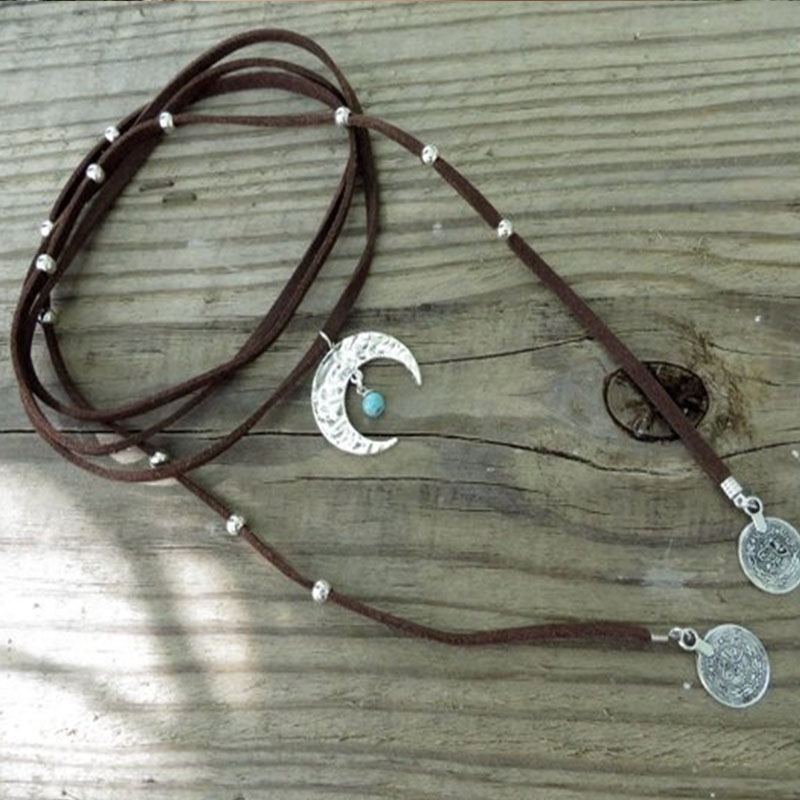 Boho wrap colar boho gargantilha colar marrom turquesa camurça colar lua crescente colar