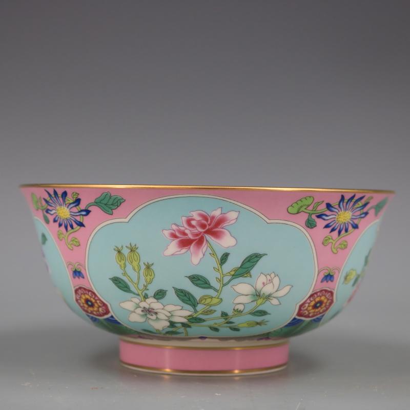 Qing Qianlong-cuenco dorado de flores rosas, artesanía antigua de porcelana, muebles para el hogar, Colección antigua