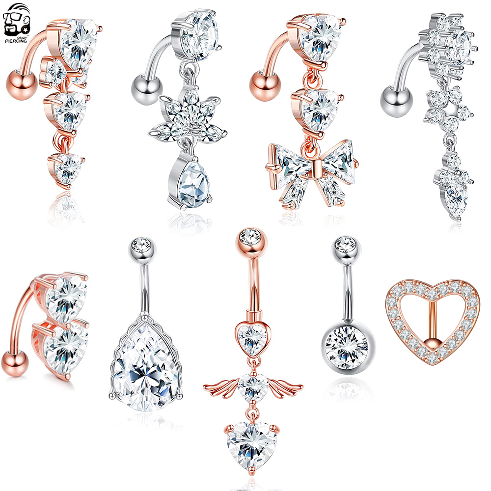 Anillos curvos para el ombligo, Piercing para el ombligo de acero quirúrgico 316L, joyería para el cuerpo, 14G, corazón colgante, transparente, CZ