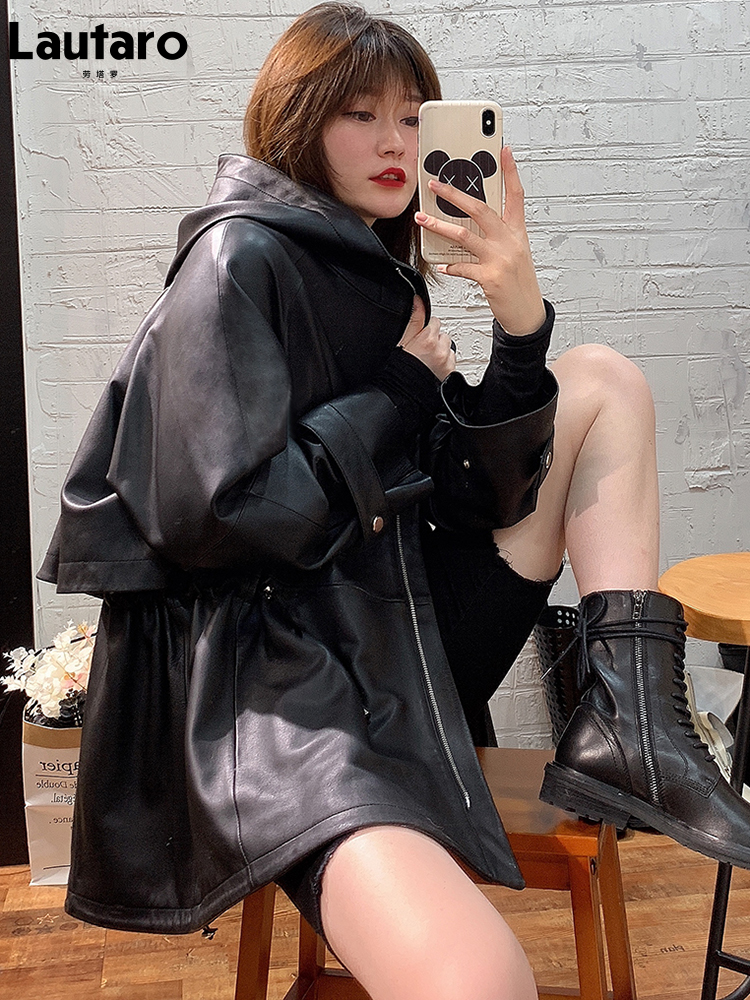 Lautaro-chaqueta de cuero de gran tamaño para mujer, abrigo cortavientos de lujo con capucha, manga larga y cordón ajustable, color negro, impermeable, otoño