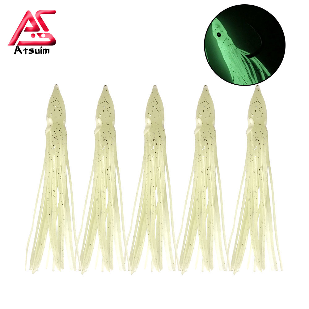 Atsuim 10 uds/20 piezas Uds 12cm pulpo señuelo suave goma luminosa anzuelos de calamar faldas pez vela cebos artificiales aparejos de pesca
