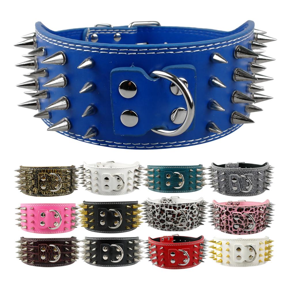 Collier de chien en cuir clouté à pointes larges, grandes races, Pitbull, Doberman, tailles M, L, XL, 3 pouces