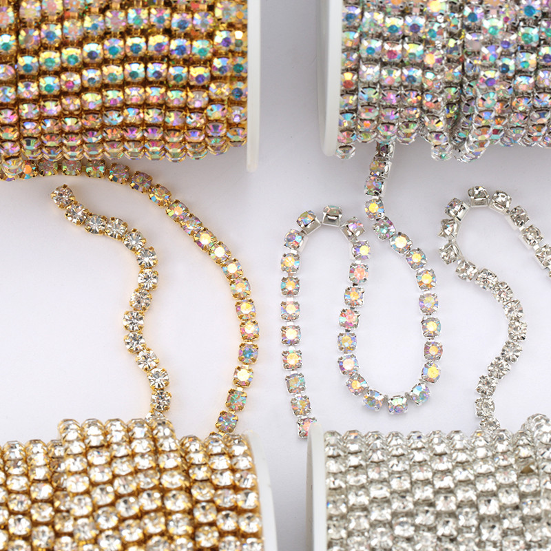 Cadena de diamantes de imitación de cristal brillante SS6-SS16, 1 yarda, 10 yardas/rollo, pegamento para coser para ropa, accesorios de ropa DIY, cadena de copa embellecedora