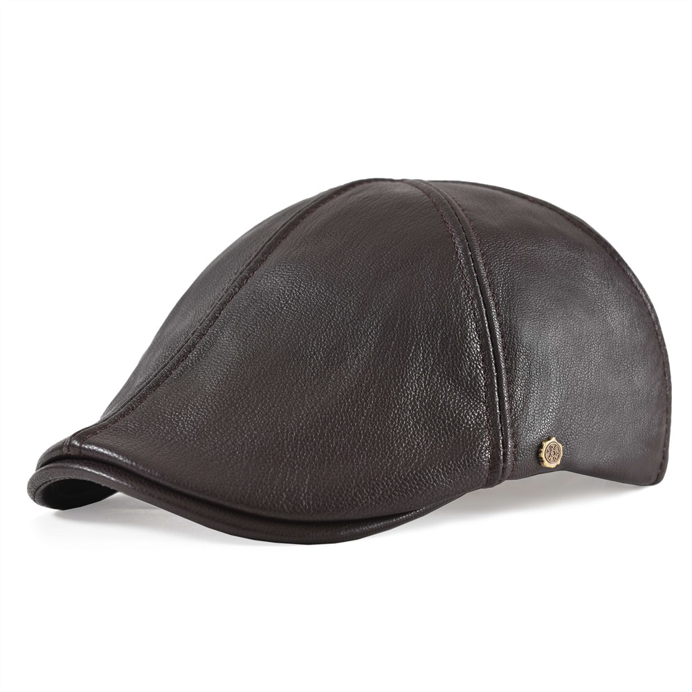 VOBOOM Flache Mütze aus echtem Leder für Herren, Herbst und Winter, Cabbies Newsboy-Mütze, kaffeebraune Ivy-Mütze, weiche, glatte, strukturierte Mützen