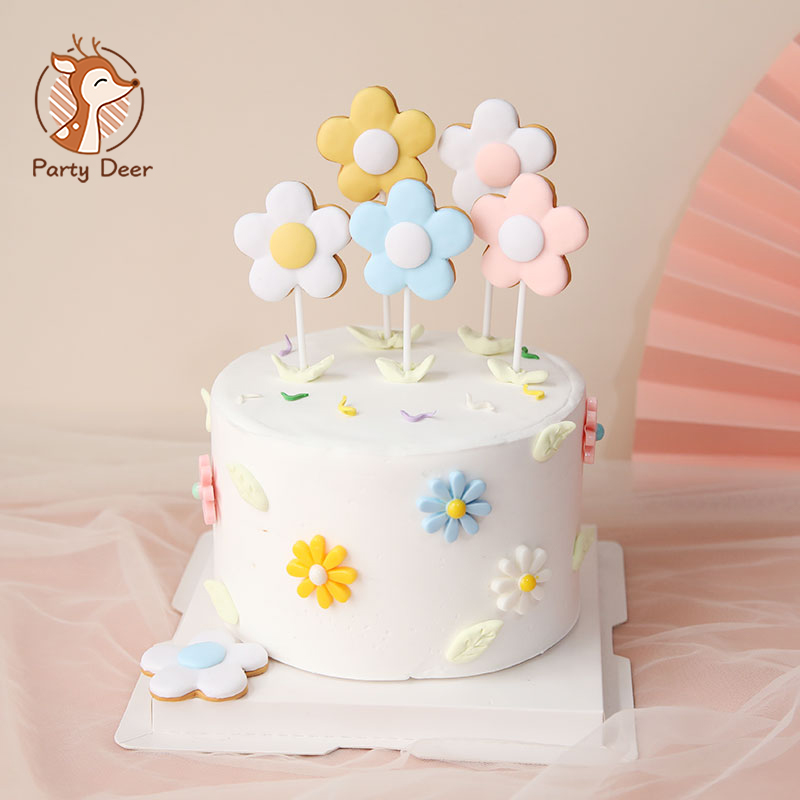 6 peças flores coloridas feliz aniversário bolo topper cerâmica macia festa de aniversário sobremesa decoração para chá de bebê suprimentos de cozimento