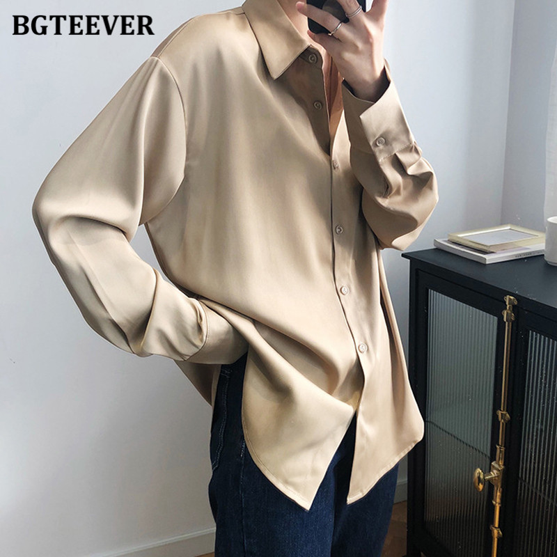 BBTEEVER-Chemises en Satin à Manches sulfpour Femme, Chic, Couleur Unie, Col Rabattu, Élégantes, Bureau, Vêtements de Travail, Nouvelle Collection 2020