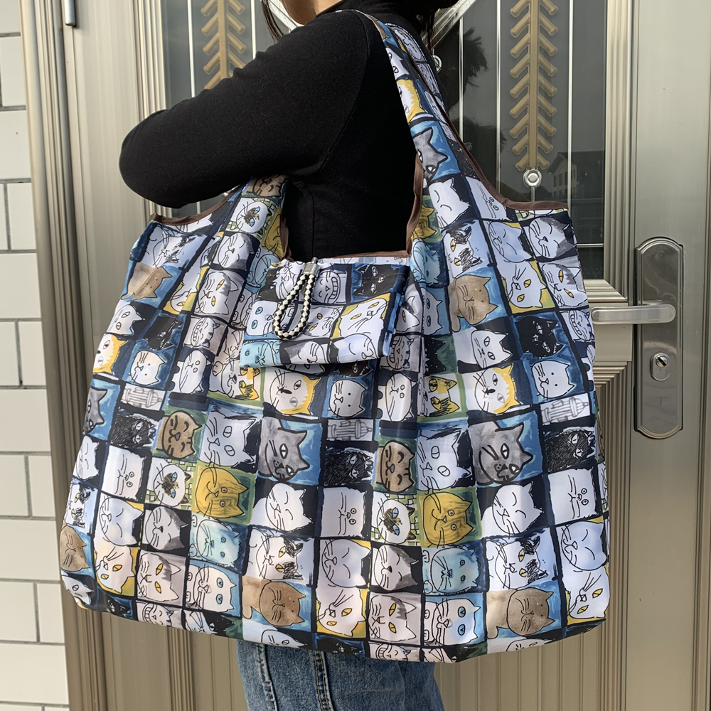 Bolso de hombro de nailon grueso para mujer, bolsa de compras plegable, de gran tamaño, reutilizable, de poliéster, portátil