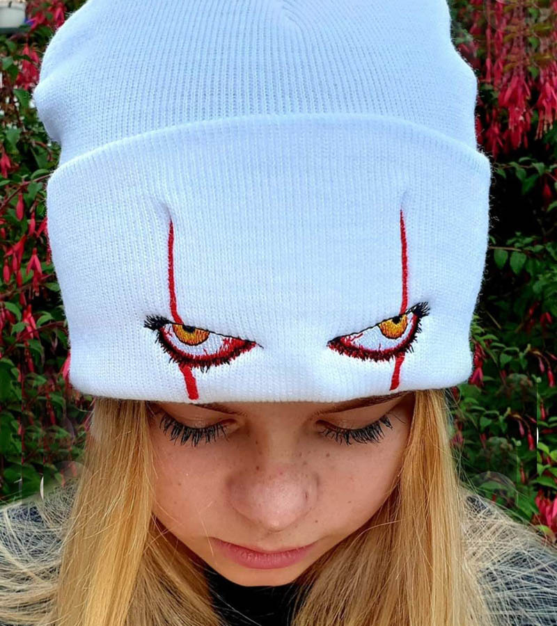 Unisex wiosna na zewnątrz czapka dla dziecka dzianiny śmieszne czapki Pennywise przerażające oczy kaptur czapka dla dzieci dorywczo Bob poza czaszki kapelusze mężczyzn