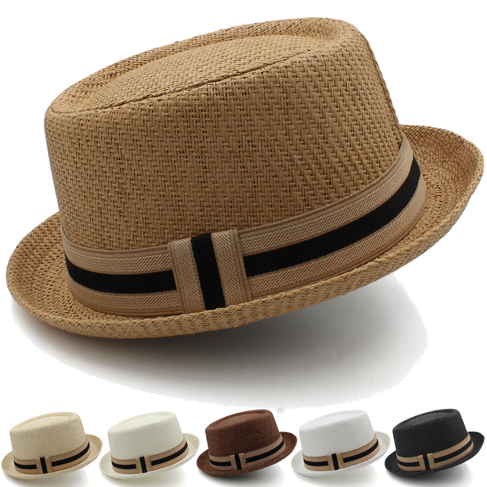 Uomo Donna Cappelli classici in paglia con torta di maiale Fedora Cappelli da sole Cappellini Trilby Estate Nautica Spiaggia Viaggi all'aperto Festa Taglia US 7 1/4 UK L