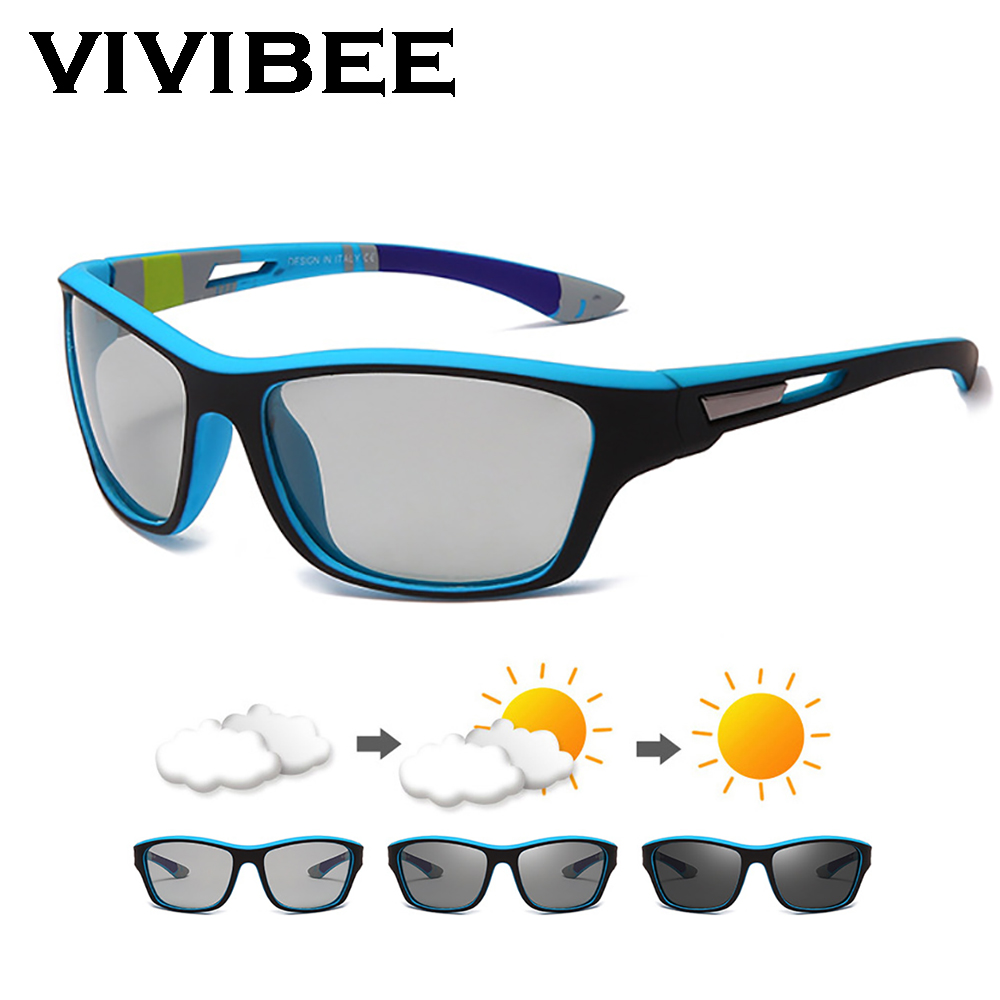 VIVIBEE Gafas de sol fotocromáticas para hombre, gafas deportivas con montura azul mate y negra, gafas polarizadas que cambian de Color UV400