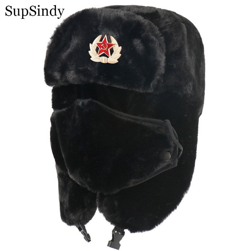 SupSindy Militaire Sovjet Cccp Ushanka Mannen & Vrouwen Winter Oorklep Bomber Hoed Warm Faux Fur Winddicht Thermische Hoed Sneeuw Ski caps