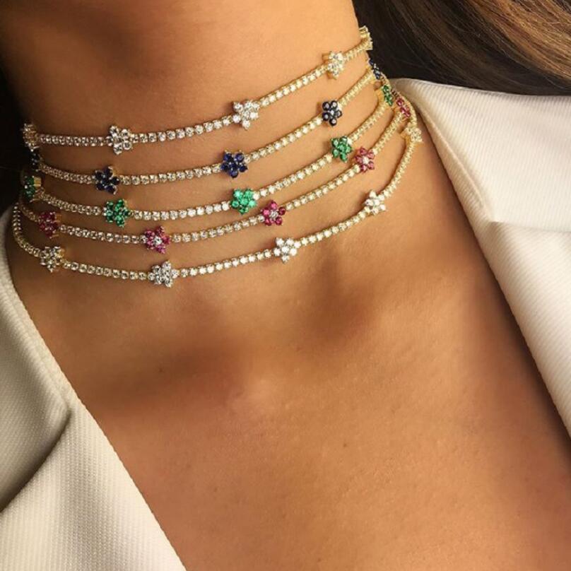 Iced Out Bling Rainbow kolorowe cyrkonia CZ łańcuch tenisowy kobiety urok kwiat Choker naszyjnik biżuteria collares para mujer