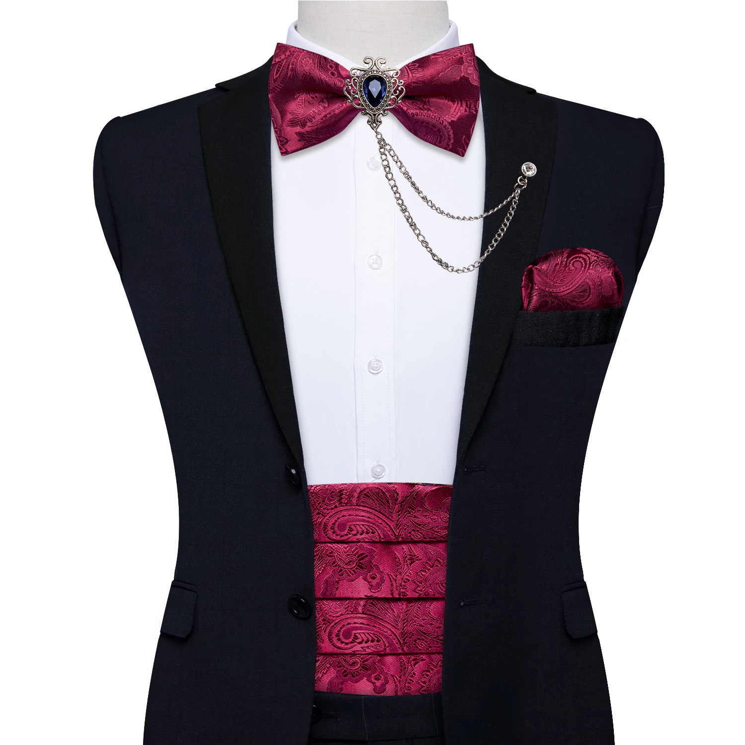 Faja de seda de Cachemira para hombre, esmoquin rojo, corbata de lazo, conjunto de broche cuadrado de bolsillo, pretina de fiesta de boda, DiBanGu