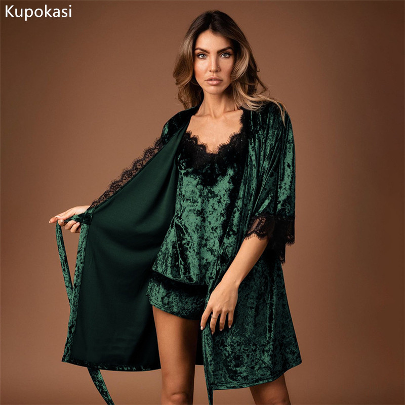 Kupikasi 3 Buah Set Piyama Wanita Beludru Jubah Renda Seksi Musim Gugur Musim Dingin Pakaian Tidur Wanita Celana Pendek Selempang Warna Kotor Pakaian Santai
